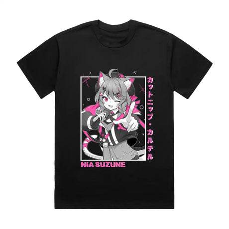 Here at Everythinganimee we have the best anime shirts in the world.
Bring the vibrant energy of Nia Suzune into your wardrobe with this eye-catching Catnip Tee, featuring the lovable idol in her dynamic and playful pose.