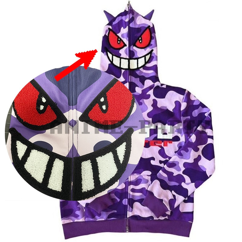 Pokemen Gengar Men Sweatshirt Y2k Demon Letter Print Hoodie Vintage Oversized Zipper Jacket High Quality Harajuku Hoodies Women, everythinganimee