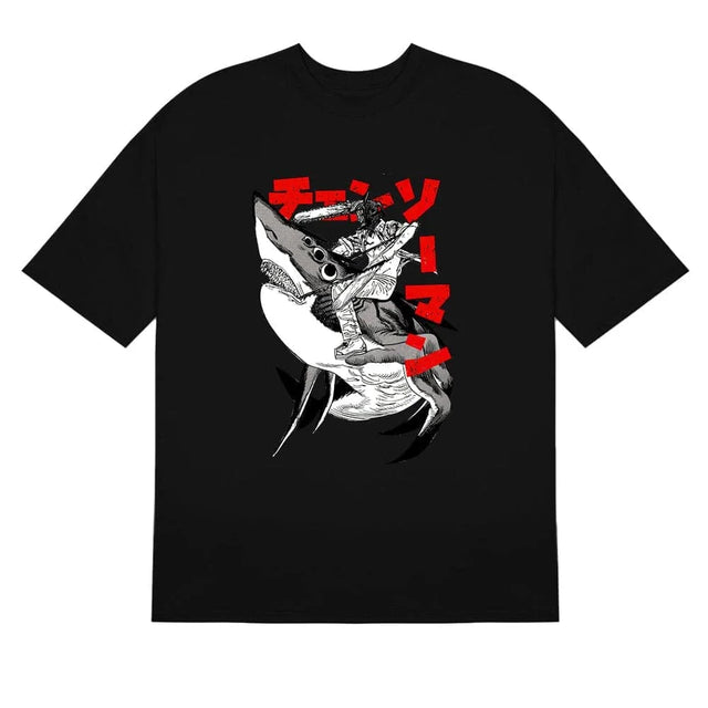 Here at Everythinganimee we have the best anime shirts in the world.
Embrace the fierce energy of Chainsaw Man with this epic Shark Ride Tee! Featuring a jaw-dropping graphic of Chainsaw Man riding a shark, this shirt is a must-have for fans of the anime.