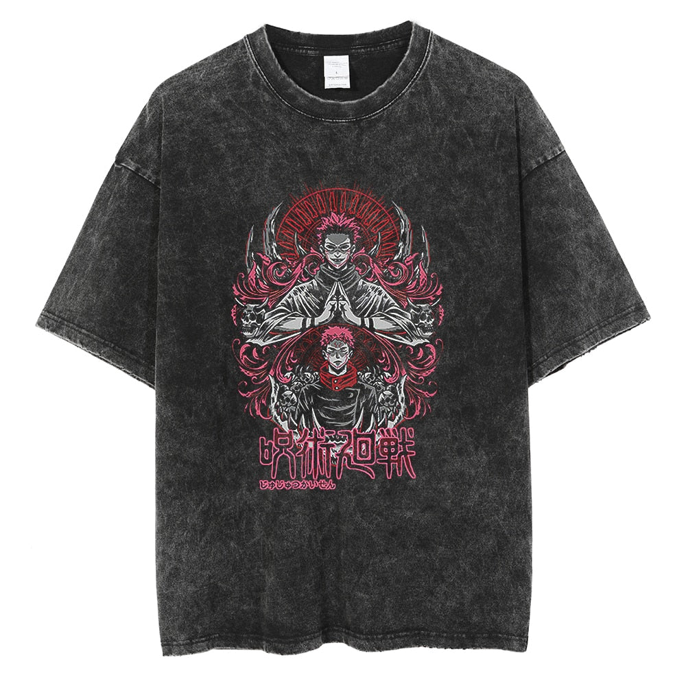 Anime Jujutsu Kaisen Washed Black Tshirt Men Streetwear Hip Hop Graphic T-Shirts Harajuku Summer Casual 100% Cotton Tops Tees, everythinganimee