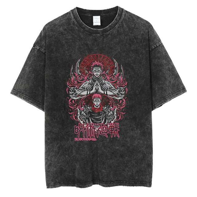 Anime Jujutsu Kaisen Washed Black Tshirt Men Streetwear Hip Hop Graphic T-Shirts Harajuku Summer Casual 100% Cotton Tops Tees, everythinganimee