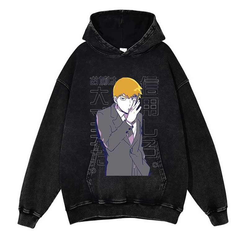 Mob Psycho 100 Washed Black Streetwear Cotton Vintage Hoodie
