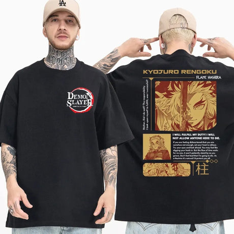 This shirt captures the magic of Kyojuro Rengoku. If you're looking for more Demon Slayer merch, we have it all! Check out our anime merch now—free shipping!