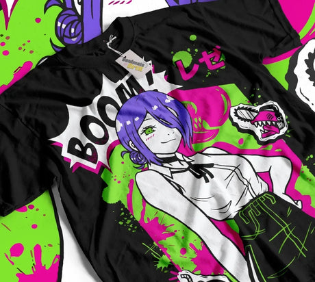 Here at Everythinganimee we have only the best anime merch! Free Global Shipping.
Unleash your inner devil hunter with this electrifying Reze T-Shirt from Chainsaw Man. Featuring the bold and vibrant design of Reze, a character known for her fierce and captivating presence, this shirt is a must-have for any fan.