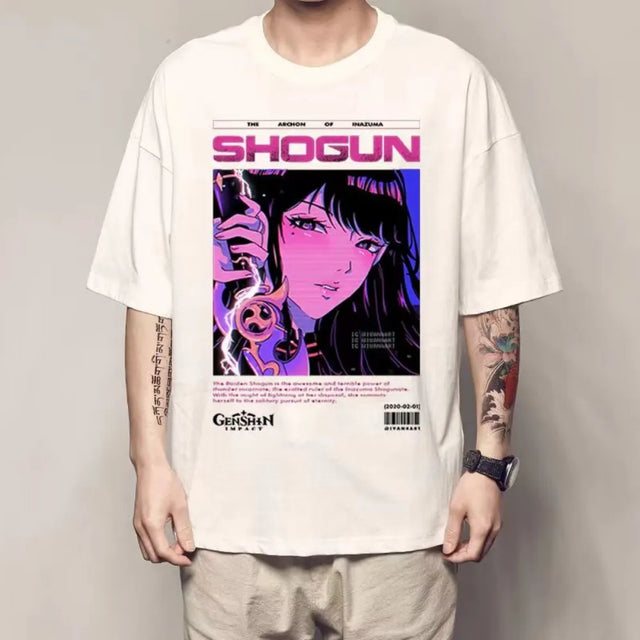 This tee, featuring the formidable Raiden Shogun from the popular game Genshin Impact. If you are looking for more Genshin Impact Merch, We have it all! | Check out all our Anime Merch now!