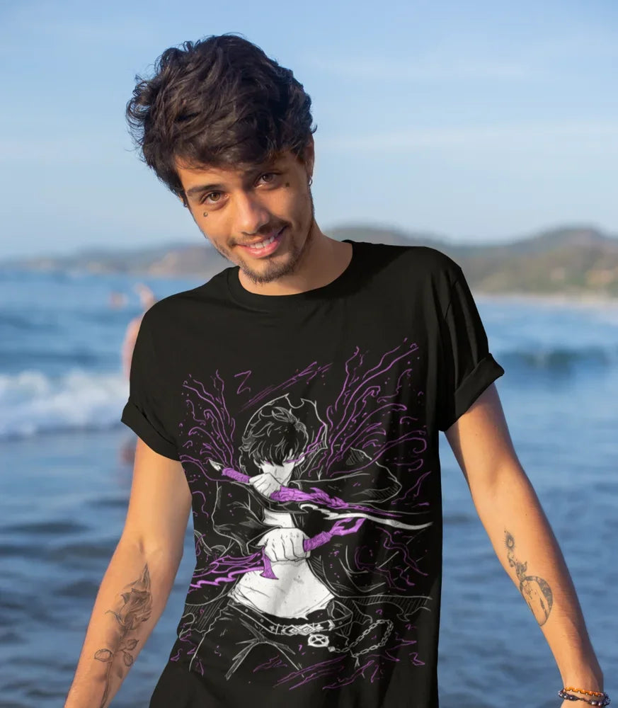This shirt captures the magic of Sung Jinwoo. If you're looking for more Solo Leveling merch, we have it all! Check out our anime merch now—free shipping!