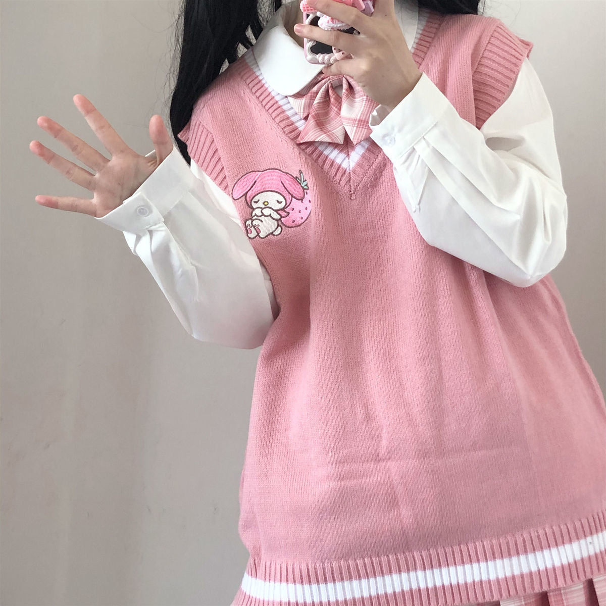 Kawaii Kuromi My Melody Cinnamoroll Sanrioes Wool Sweater V-Neck Waistcoat Vest College Lolita Girl Clothing Anime Peripherals, everythinganimee