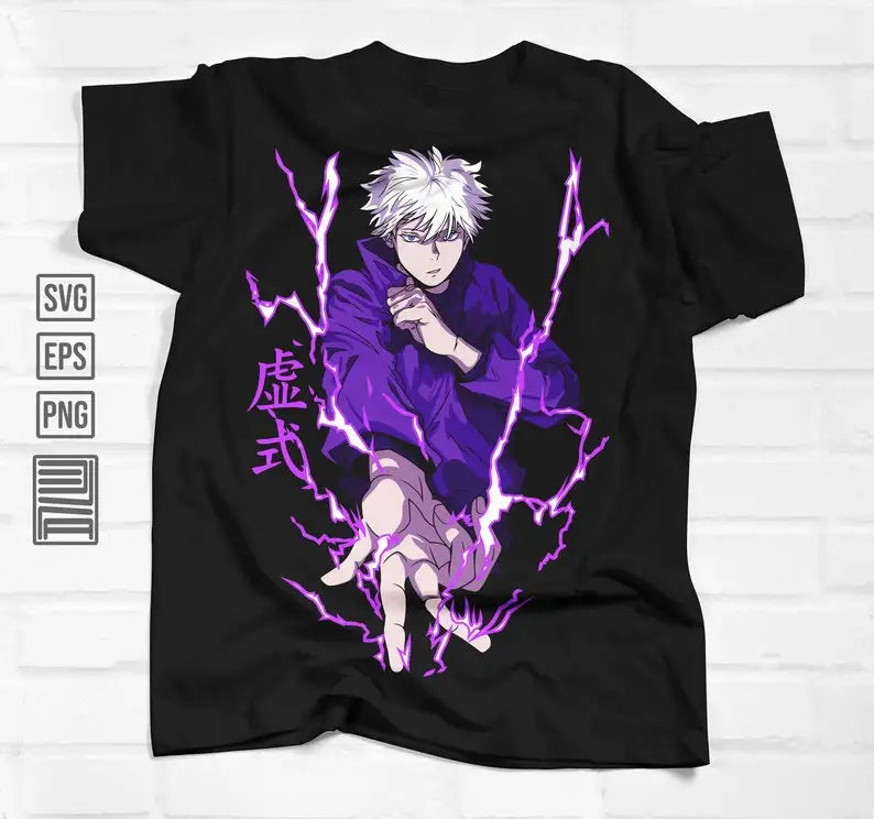 Here at Everythinganimee we have the best anime shirts in the world.
Feel the power of Gojo Satoru with this electrifying tee! Showcasing Gojo in a dynamic pose, surrounded by vibrant purple energy, this shirt captures the intense energy of the Jujutsu Kaisen universe.