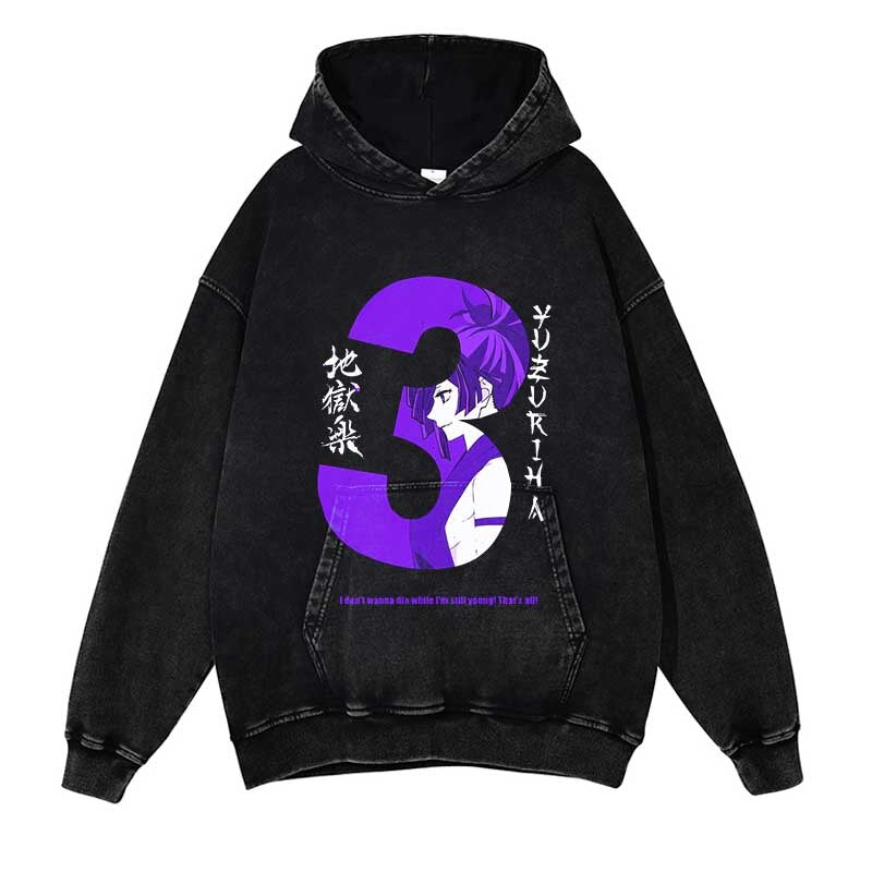 Hell Paradise Washed Black Streetwear Cotton Vintage Hoodie