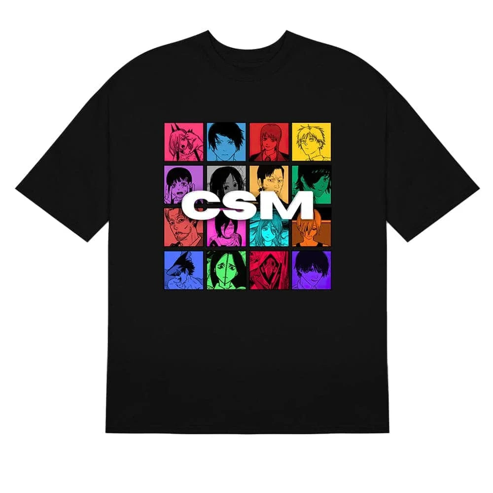 Here at Everythinganimee we have the best anime shirts in the world.
Celebrate the entire cast of Chainsaw Man with this vibrant, colorful tee! Featuring a grid of iconic characters in bold colors, this shirt is perfect for showing off your love for the series in style.