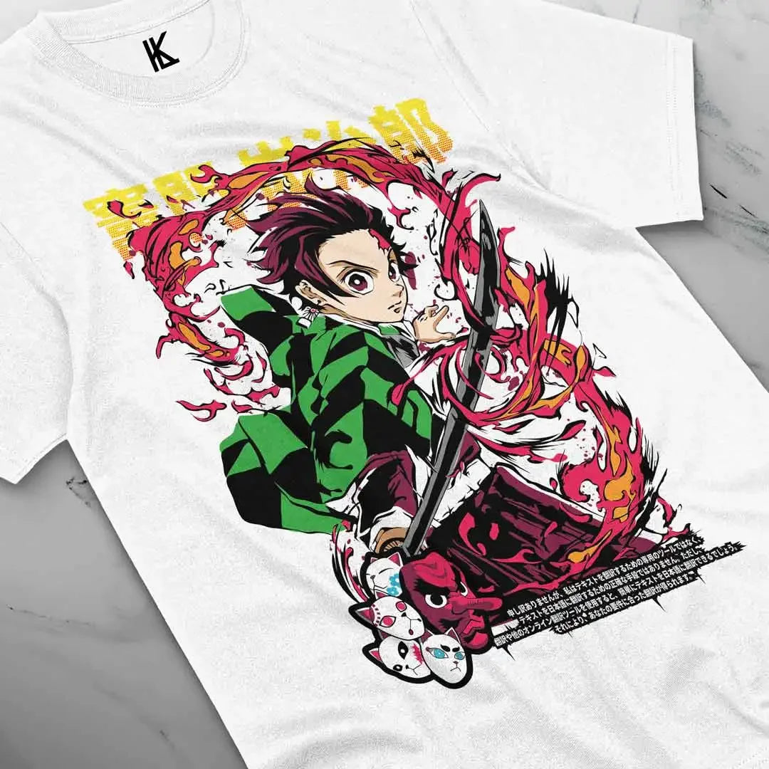 Here at Everythinganimee we have the best anime shirts in the world.
Ignite your style with this vibrant Demon Slayer tee, featuring Tanjiro in a powerful stance, flames swirling around his Nichirin Sword.