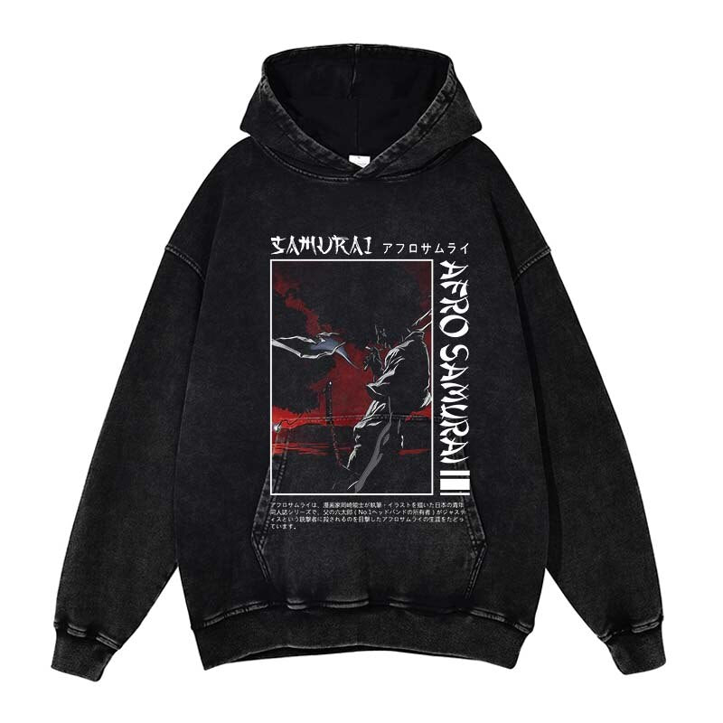 Afro Samurai Washed Black Streetwear Vintage Hoodie