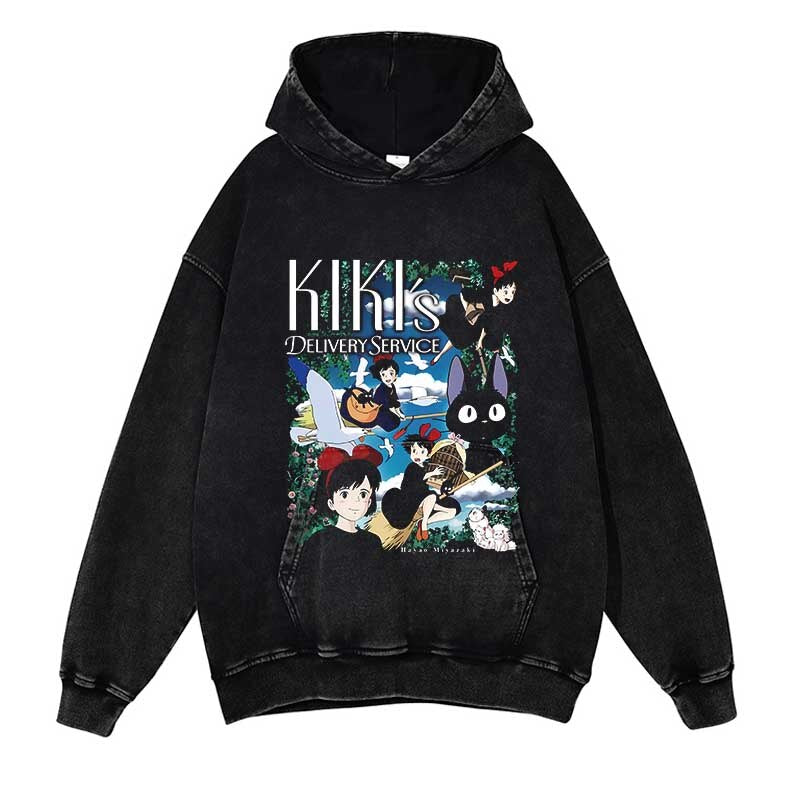 Studio Ghibli Washed Black Streetwear Cotton Vintage Hoodie