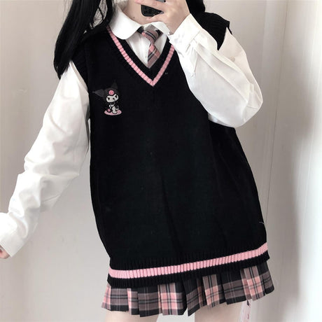 Kawaii Kuromi My Melody Cinnamoroll Sanrioes Wool Sweater V-Neck Waistcoat Vest College Lolita Girl Clothing Anime Peripherals, everythinganimee