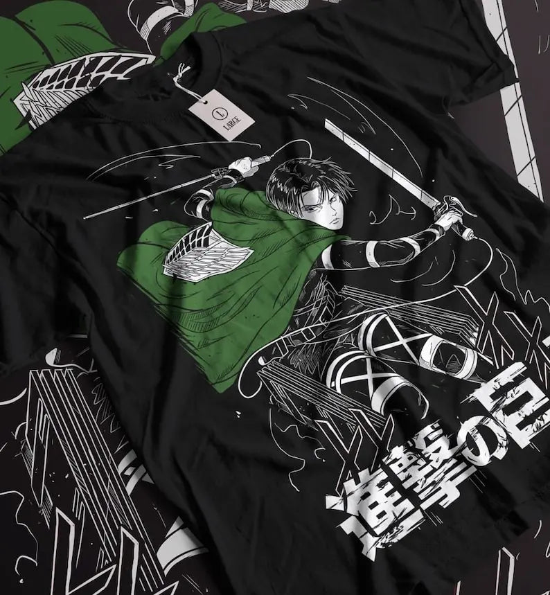 Here at Everythinganimee we only have the best shirts in the world! Unleash your inner soldier with the Levi Ackerman Scout Regiment Tee. Featuring Levi in an action-packed pose, this shirt captures the essence of the fearsome captain, complete with his iconic green cape and swords at the ready.