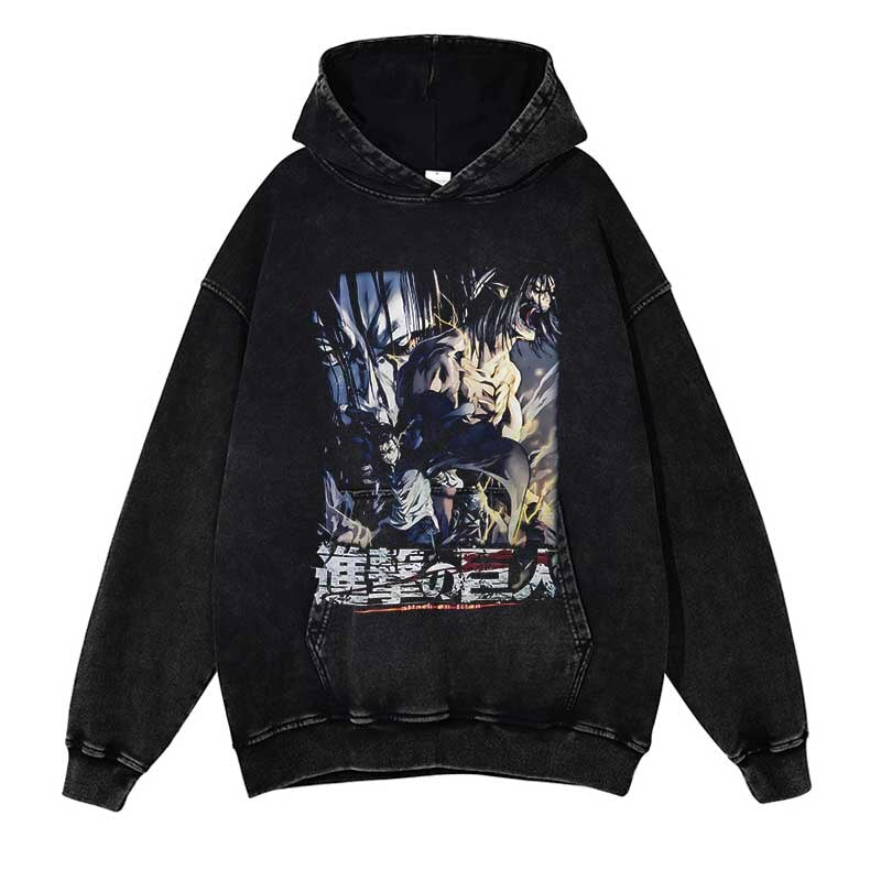 Attack on Titan Washed Black Streetwear Cotton Vintage Hoodie