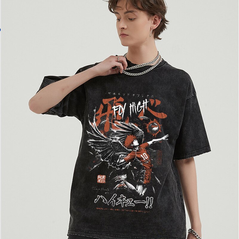 Anime Haikyuu Acid Washed Cotton T-shirts Vintage Black Men's Clothing Hip Hop Streetwear Harajuku Shirts Unisex Tops Tees, everythinganimee