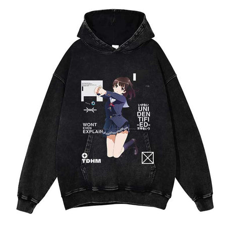 Anime Girl Washed Black Streetwear Cotton Vintage Hoodie