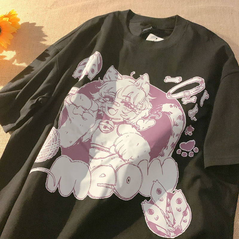 Anime Cat Girl "Meow" Oversized Tee