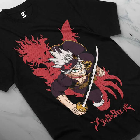Here at Everythinganimee we have the best anime shirts in the world.
Embrace the power of the Black Bulls with the Asta Shadow Strike Tee! This bold design showcases Asta, the determined magic-less hero, wielding his sword with unmatched energy and intensity.