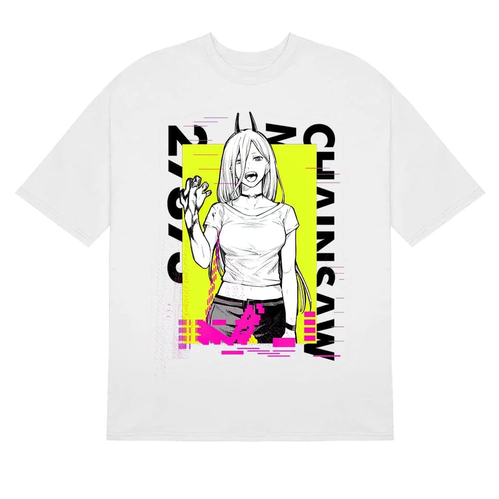 Here at Everythinganimee we have the best anime shirts in the world.
Unleash your inner chaos with this striking Chainsaw Man Power tee. The neon yellow background highlights Power's bold character in a unique glitchy design, making this shirt a perfect statement piece for fans of the anime.