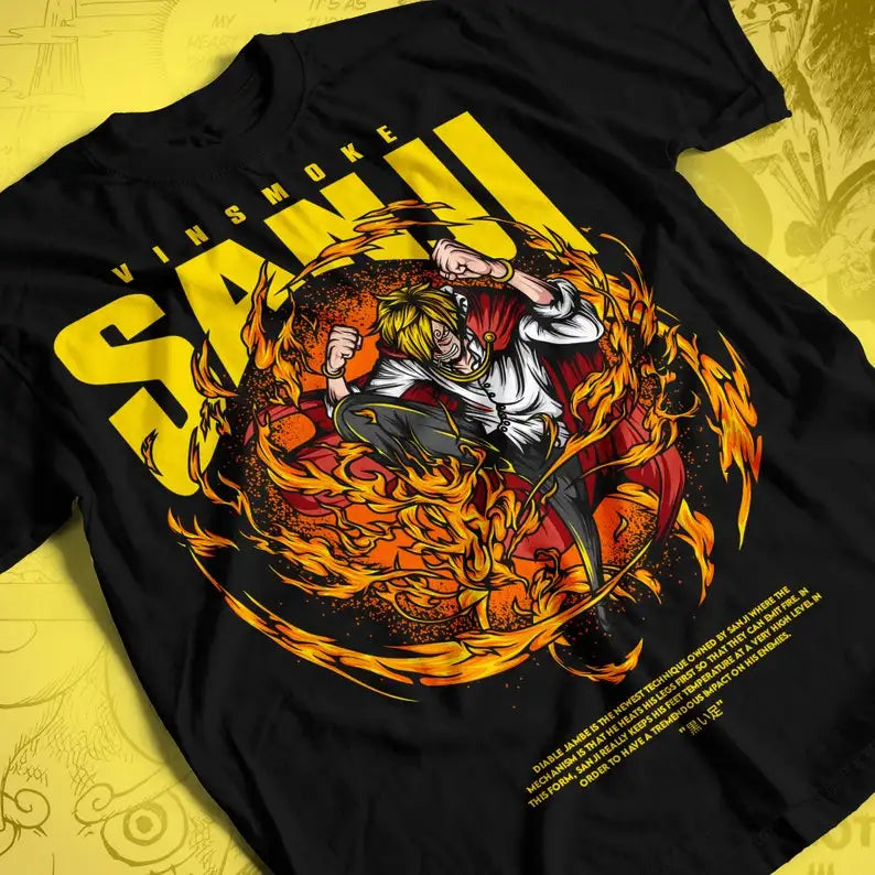 Here at Everythinganimee we only have the best shirts in the world! Unleash the fiery passion of Sanji with this high-quality One Piece shirt, showcasing the legendary cook in his iconic combat stance surrounded by blazing flames. The vivid design captures Sanji's fierce spirit and unwavering dedication to his crew,