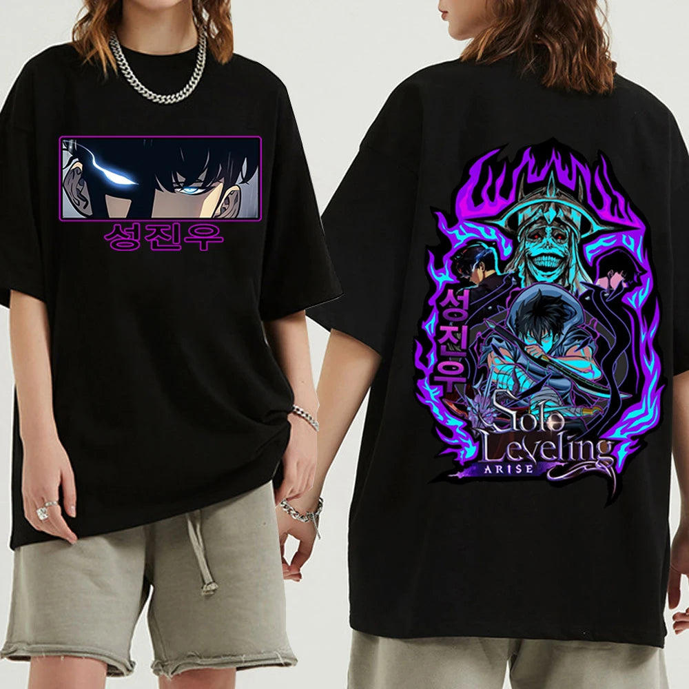 This tees captures the magic of Sung Jin-Woo. If you're looking for more Solo Leveling merch, we have it all! Check out our anime merch now—free shipping!
