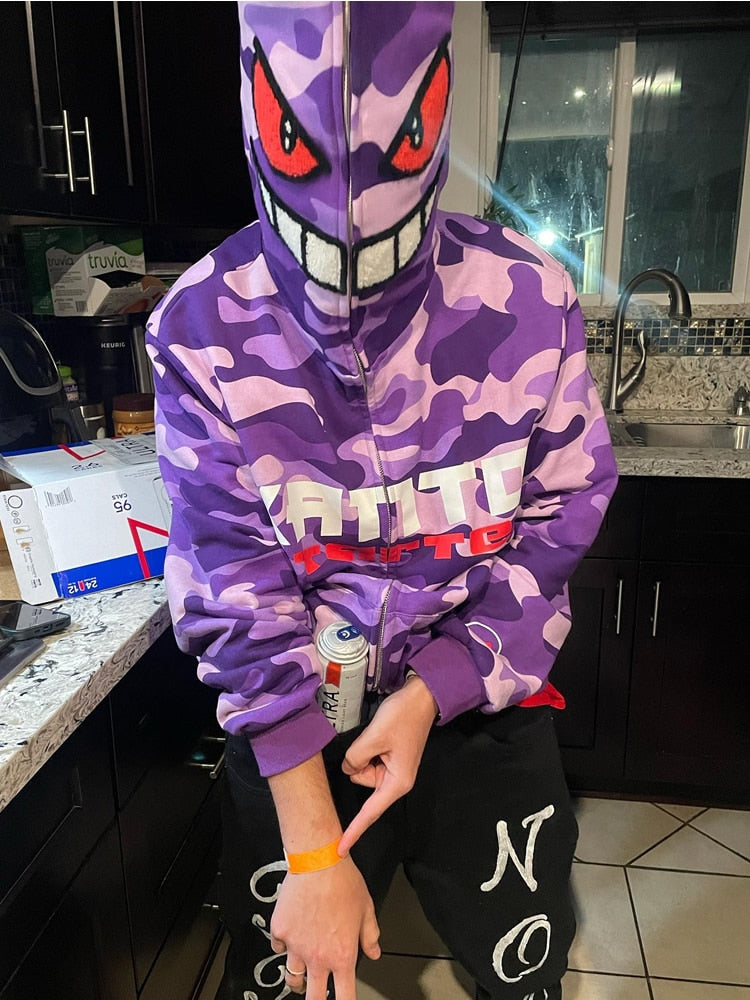 Pokemen Gengar Men Sweatshirt Y2k Demon Letter Print Hoodie Vintage Oversized Zipper Jacket High Quality Harajuku Hoodies Women, everythinganimee