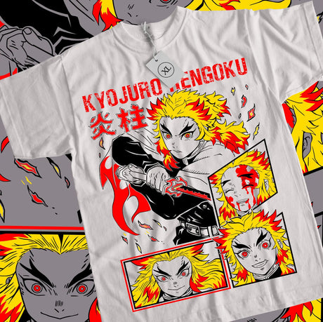 Here at Everythinganimee we have the best anime shirts in the world. 
Ignite your wardrobe with this epic Kyojuro Rengoku tee, capturing the fierce and unforgettable Flame Hashira from Demon Slayer.