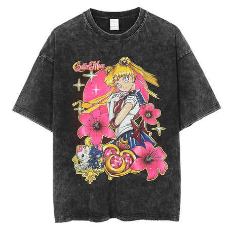 Men Hip Hop Streetwear Black T-Shirt Japanese Anime Sailor Moon Vintage T Shirt Summer Harajuku Cotton Tshirt Short Sleeve Tops, everythinganimee