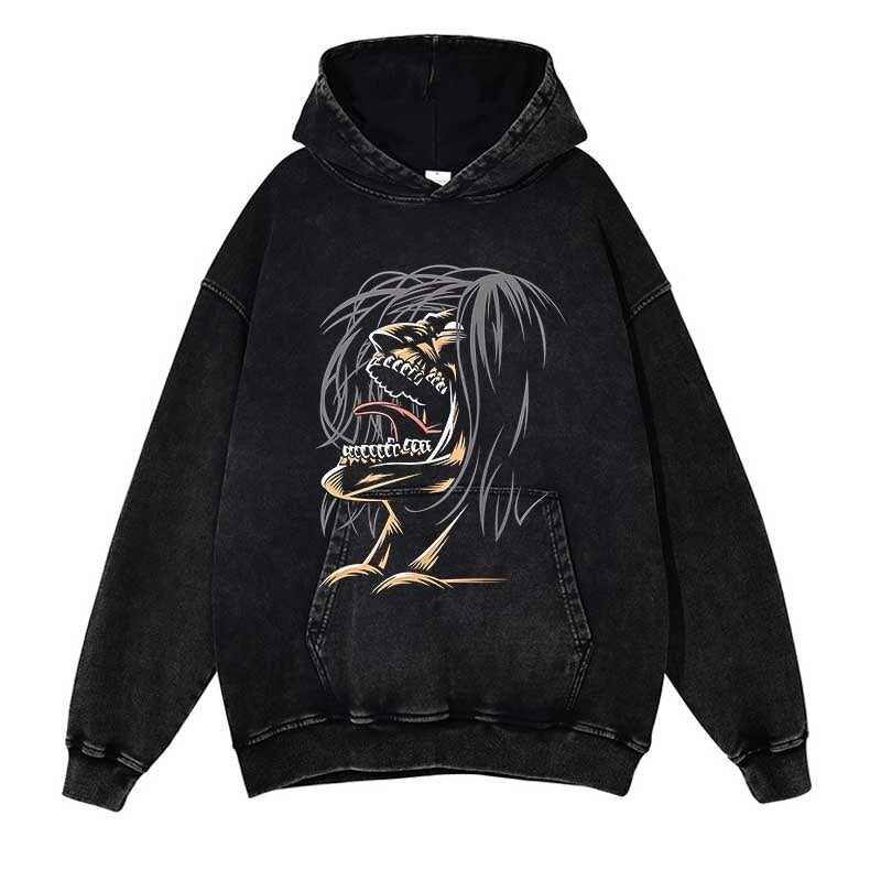 Attack on Titan Washed Black Streetwear Cotton Vintage Hoodie