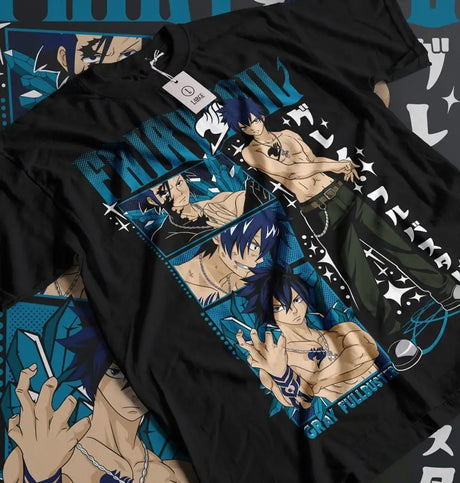 Here at Everythinganimee we have the best anime shirts in the world.
Show off your love for Fairy Tail with this striking Gray Fullbuster Ice-Mage Tee! Featuring multiple dynamic shots of the beloved ice-magic wielder, Gray Fullbuster, this shirt captures his cool and determined spirit.