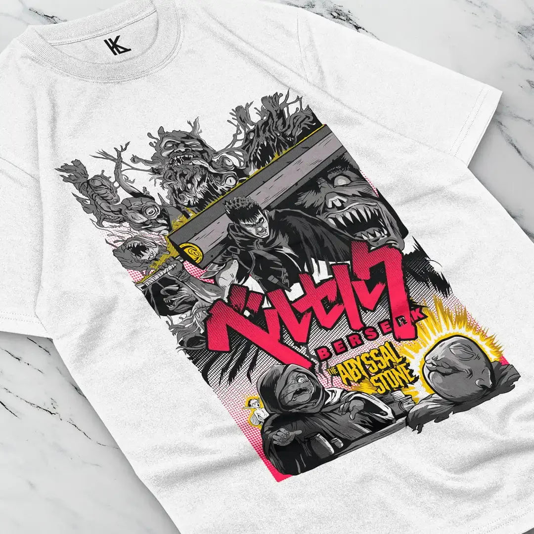 Here at Everythinganimee we have the best anime shirts in the world.
Embrace the dark and gritty world of Berserk with the Abyssal Tee. Featuring a detailed graphic of Guts surrounded by iconic enemies and allies, this shirt captures the intense atmosphere of the series.