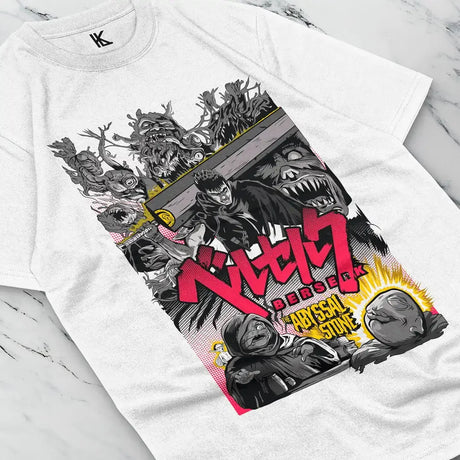 Here at Everythinganimee we have the best anime shirts in the world.
Embrace the dark and gritty world of Berserk with the Abyssal Tee. Featuring a detailed graphic of Guts surrounded by iconic enemies and allies, this shirt captures the intense atmosphere of the series.