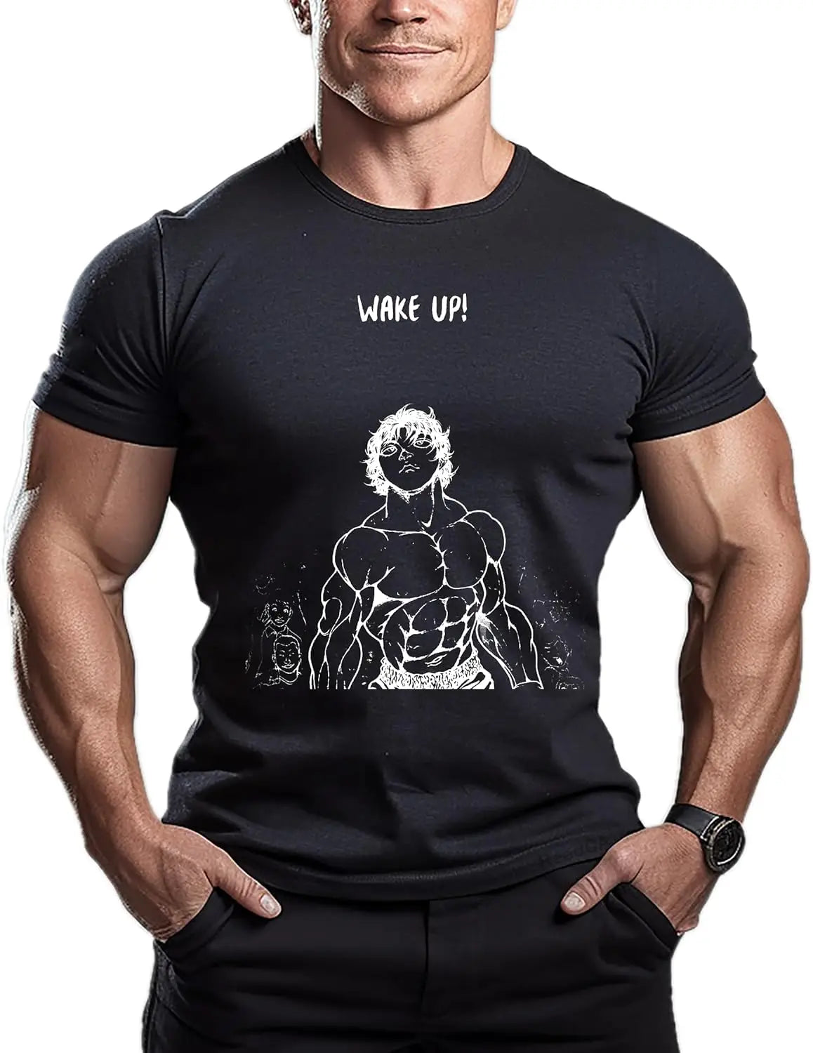 Here at Everythinganimee we have the best anime shirts in the world. Channel the unstoppable energy of Hanma Baki with this bold 'Wake Up' tee. Featuring the powerful imagery of Baki in his iconic form, this shirt is designed for fans who want to embody the strength and determination of their favorite anime character.