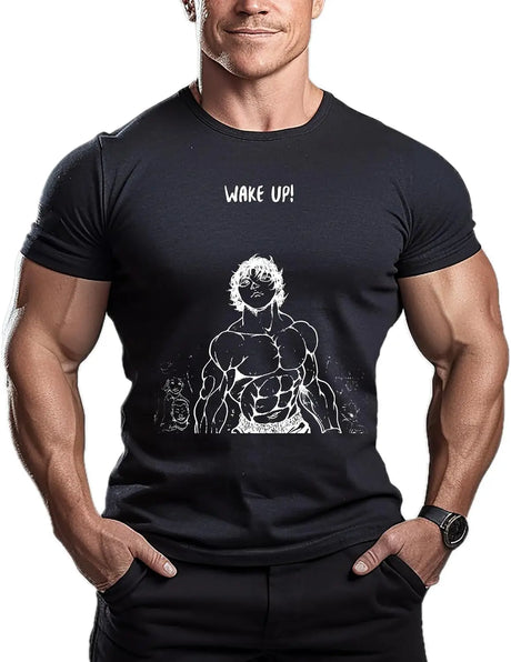 Here at Everythinganimee we have the best anime shirts in the world. Channel the unstoppable energy of Hanma Baki with this bold 'Wake Up' tee. Featuring the powerful imagery of Baki in his iconic form, this shirt is designed for fans who want to embody the strength and determination of their favorite anime character.
