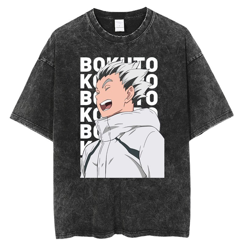 Anime Haikyuu Acid Washed Cotton T-shirts Vintage Black Men's Clothing Hip Hop Streetwear Harajuku Shirts Unisex Tops Tees, everythinganimee