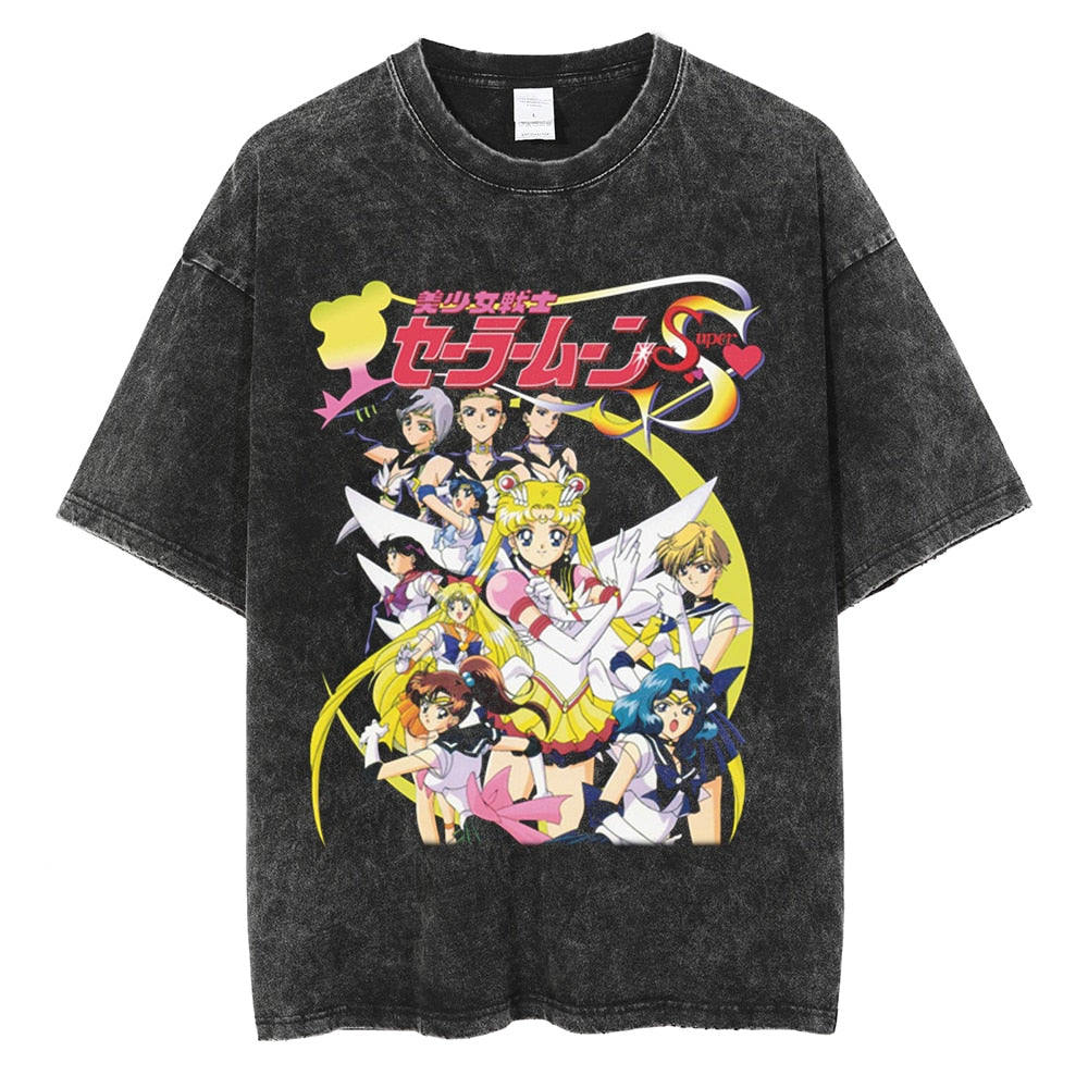 Men Hip Hop Streetwear Black T-Shirt Japanese Anime Sailor Moon Vintage T Shirt Summer Harajuku Cotton Tshirt Short Sleeve Tops, everythinganimee