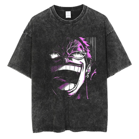 Anime Donquixote Doflamingo Washed Black Tshirt Men Streetwear Hip Hop Graphic T-Shirts Harajuku Summer Casual 100% Cotton Tops Tees, everythinganimee