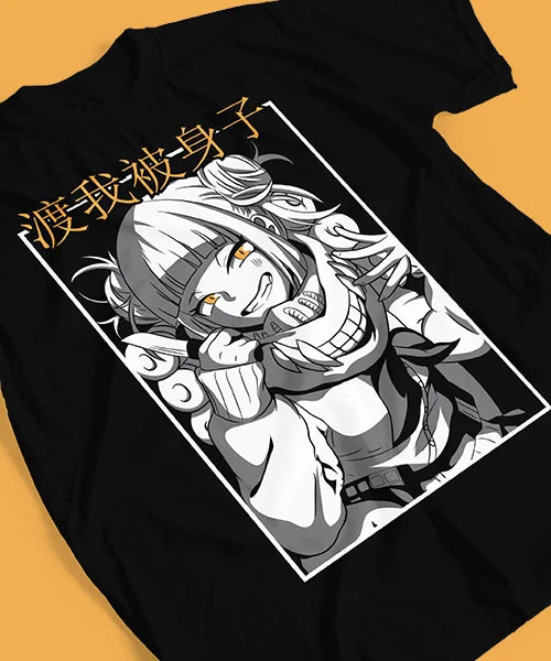Here at Everythinganimee we have the best anime shirts in the world.
Unleash your inner villain with this bold Himiko Toga shirt from the Hero series! Featuring a powerful monochrome design with a pop of yellow in her piercing eyes, this tee perfectly captures her menacing charm.