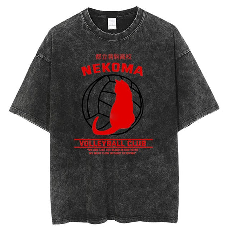 Anime Haikyuu Acid Washed Cotton T-shirts Vintage Black Men's Clothing Hip Hop Streetwear Harajuku Shirts Unisex Tops Tees, everythinganimee