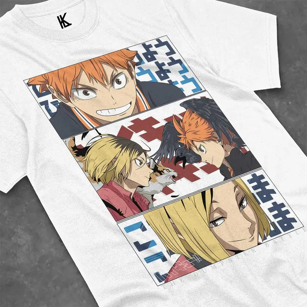 Here at Everythinganimee we have the best anime shirts in the world.
Get ready to relive the intense rivalry with this Haikyuu! tee, showcasing the iconic Dumpster Battle scene. The design captures the fierce determination and sportsmanship of your favorite volleyball players.