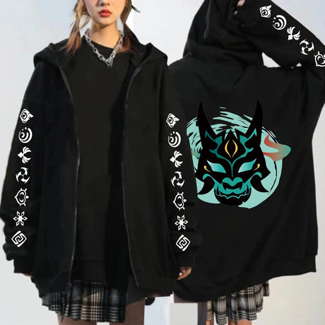 Here at Everythinganimee we have the best anime shirts in the world.
Step into the world of Genshin Impact with this sleek and stylish hoodie featuring the iconic Oni mask design. With detailed sleeve graphics and a bold back print, this hoodie brings your favorite in-game symbols to life.