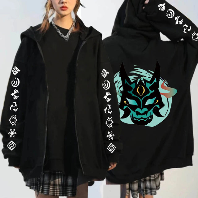 Here at Everythinganimee we have the best anime shirts in the world.
Step into the world of Genshin Impact with this sleek and stylish hoodie featuring the iconic Oni mask design. With detailed sleeve graphics and a bold back print, this hoodie brings your favorite in-game symbols to life.