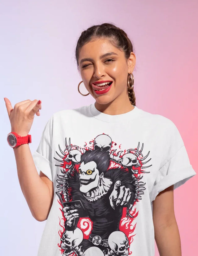 Here at Everythinganimee we have only the best anime merch! Free Global Shipping.
Embrace the dark allure of Death Note with this Ryuk T-Shirt, featuring the iconic Shinigami in all his eerie glory.