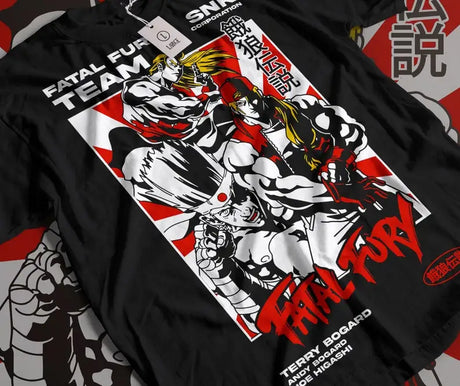 Here at Everythinganimee we only have the best shirts in the world! Join the fight with the Fatal Fury Team Tee, showcasing the legendary trio of Terry Bogard, Andy Bogard, and Joe Higashi from the iconic SNK fighting game series. This tee captures the spirit of the classic arcade battles with bold artwork that highlights the powerful stances and fierce determination of each character.