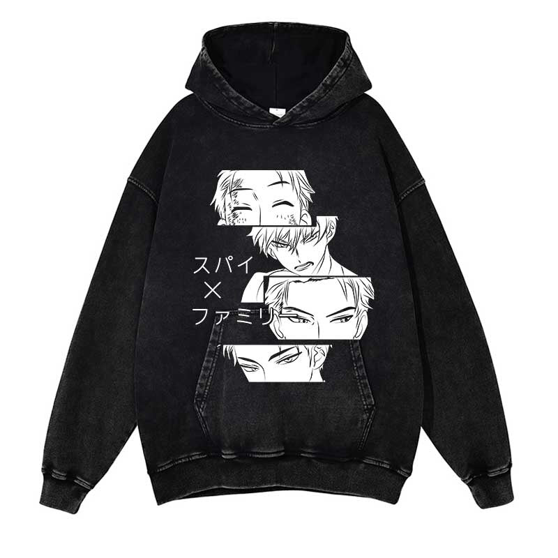 Spy X Family Washed Black Streetwear Cotton Vintage Hoodie