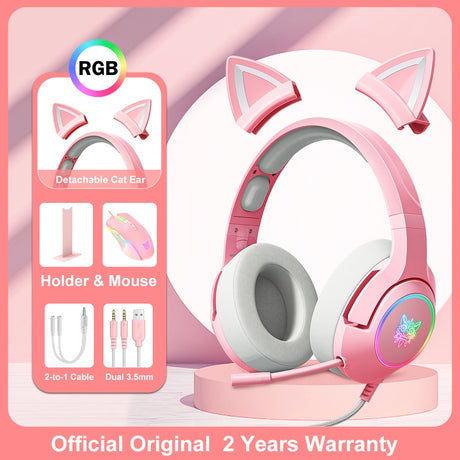 ONIKUMA K9 Pink Cat Ear Headphones with RGB LED Light Flexible Mic Gaming Headset 7.1 Surround Computer Earphones for PC Gamer, everythinganimee