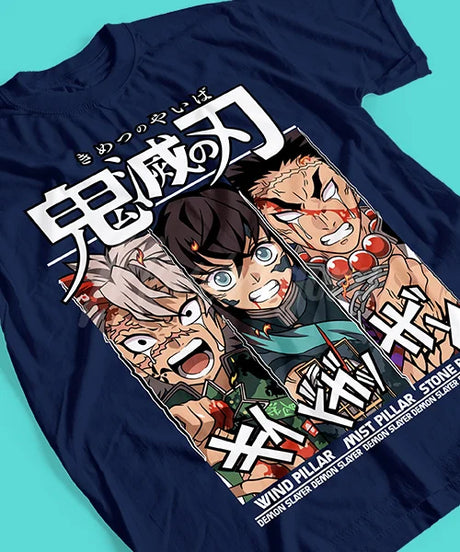 Here at Everythinganimee we only have the best shirts in the world! Showcase the power of the Demon Slayer Hashira with this epic Hashira Trio Tee, featuring the fierce and determined Wind Pillar Sanemi Shinazugawa, Mist Pillar Muichiro Tokito, and Stone Pillar Gyomei Himejima.