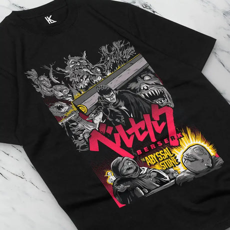 Here at Everythinganimee we have the best anime shirts in the world.
Embrace the dark and gritty world of Berserk with the Abyssal Tee. Featuring a detailed graphic of Guts surrounded by iconic enemies and allies, this shirt captures the intense atmosphere of the series.